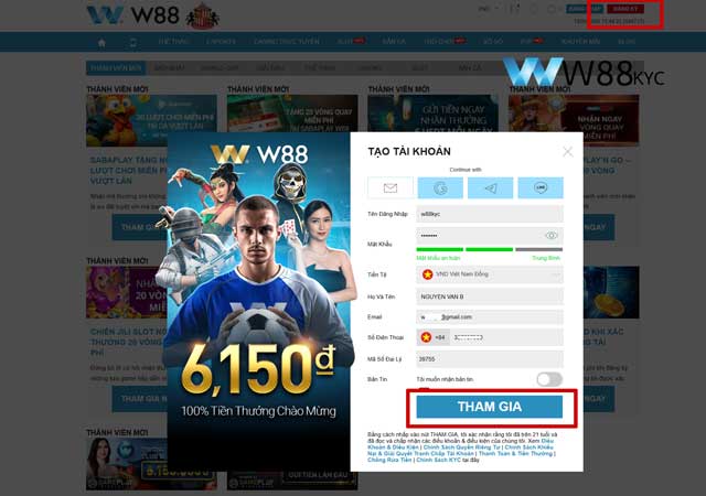 Biểu mẫu điền thông tin đăng ký tài khoản W88 chính xác nhất